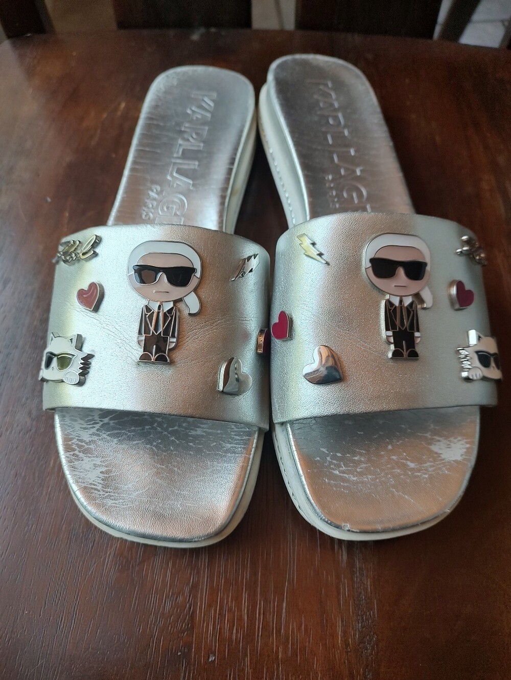 Karl Lagerfeld Paris Silver Choupette Cat Rhinestone Slides Sandals Women's 9